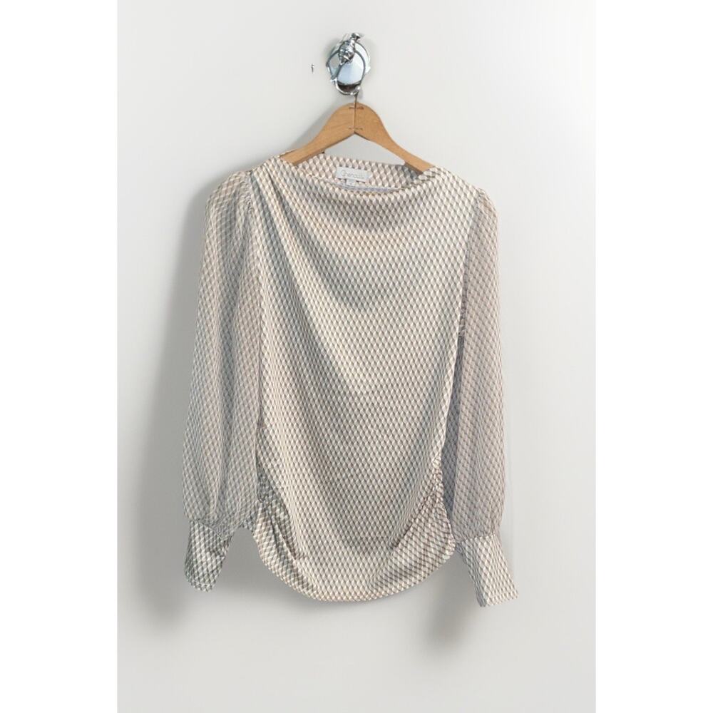Chenault M Top Blouse Women's Neck Geometric Brown Cream Long Sleeve